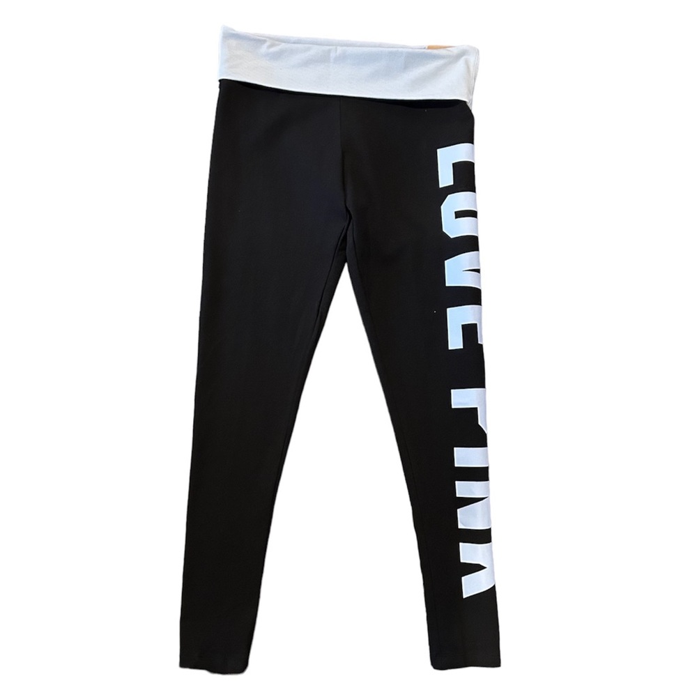 VS PINK Black Leggings Mid Rise Foldover Pale Blue Logo Medium NWT